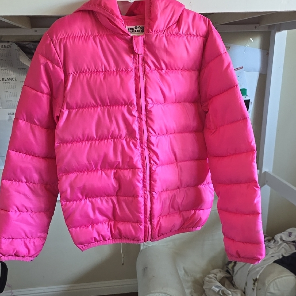 Epic Threads Pink Puffer Jacket with Quilted Design and Hood
